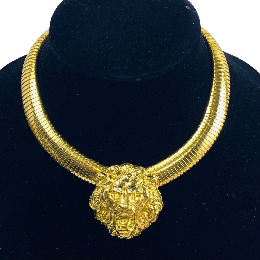 Vintage Lion Head Necklace Gold Tone Omega Collar Tubogas Statement Necklace 16"